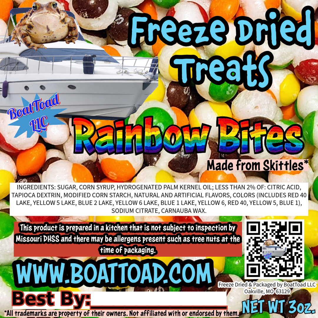 BoatToad Rainbow Bites freeze-dried candy—colorful crunchy bites from St. Louis; Elevated STL vibe.