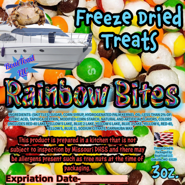 BoatToad Rainbow Bites freeze-dried candy—colorful crunchy bites from St. Louis; Elevated STL vibe.
