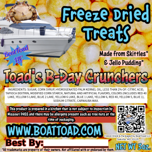 BoatToad Toad’s B-day Crunchers—birthday-cake flavored freeze-dried candy from St. Louis; Elevated STL.