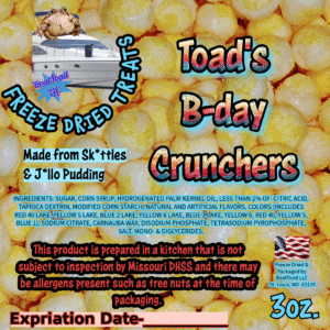 BoatToad Toad’s B-day Crunchers—birthday-cake flavored freeze-dried candy from St. Louis; Elevated STL.
