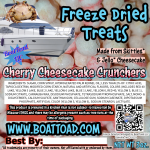 BoatToad Cherry Cheesecake Crunchers—freeze-dried candy from St. Louis; cherry + cheesecake coated bites, Elevated STL.