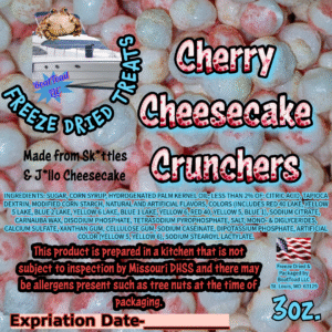 BoatToad Cherry Cheesecake Crunchers—freeze-dried candy from St. Louis; cherry + cheesecake coated bites, Elevated STL.