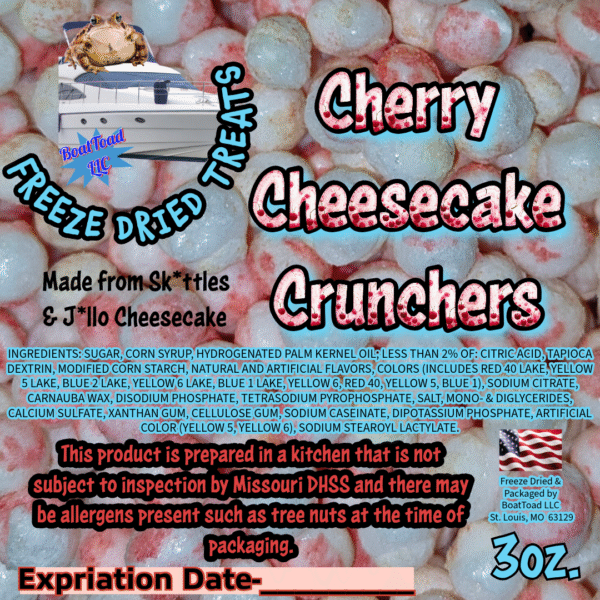 BoatToad Cherry Cheesecake Crunchers—freeze-dried candy from St. Louis; cherry + cheesecake coated bites, Elevated STL.