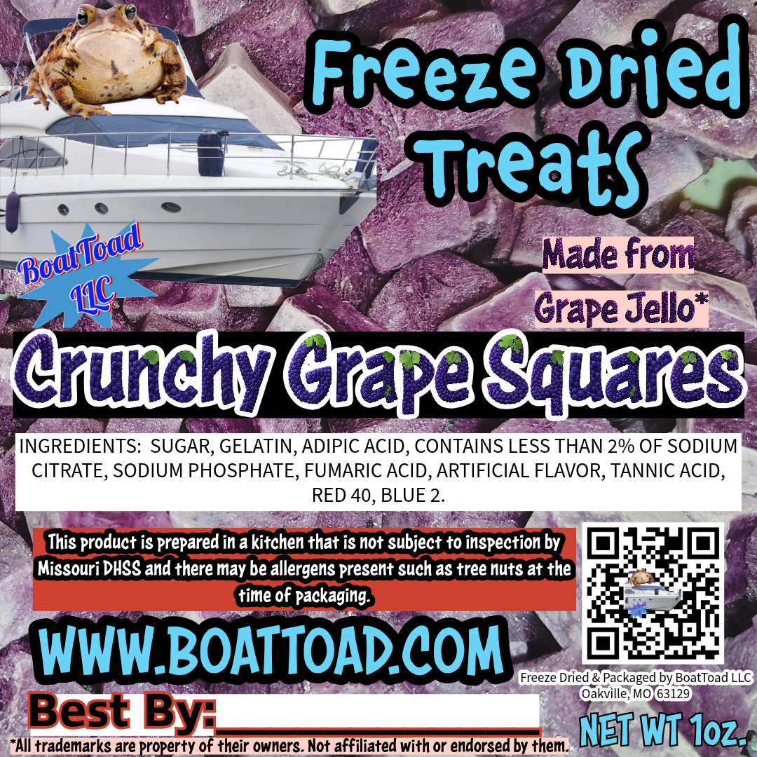 BoatToad Freeze Dried Treats – Crunchy Grape Squares, freeze dried grape Jell-O candy made in St. Louis, MO by BoatToad LLC, Elevated STL fruity snack