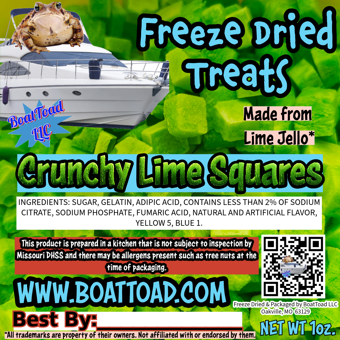 BoatToad Freeze Dried Treats – Crunchy Lime Squares, citrusy freeze dried lime Jell-O candy made in St. Louis, MO by BoatToad LLC, Elevated STL flavor
