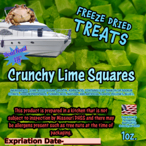 BoatToad Freeze Dried Treats – Crunchy Lime Squares, citrusy freeze dried lime Jell-O candy made in St. Louis, MO by BoatToad LLC, Elevated STL flavor